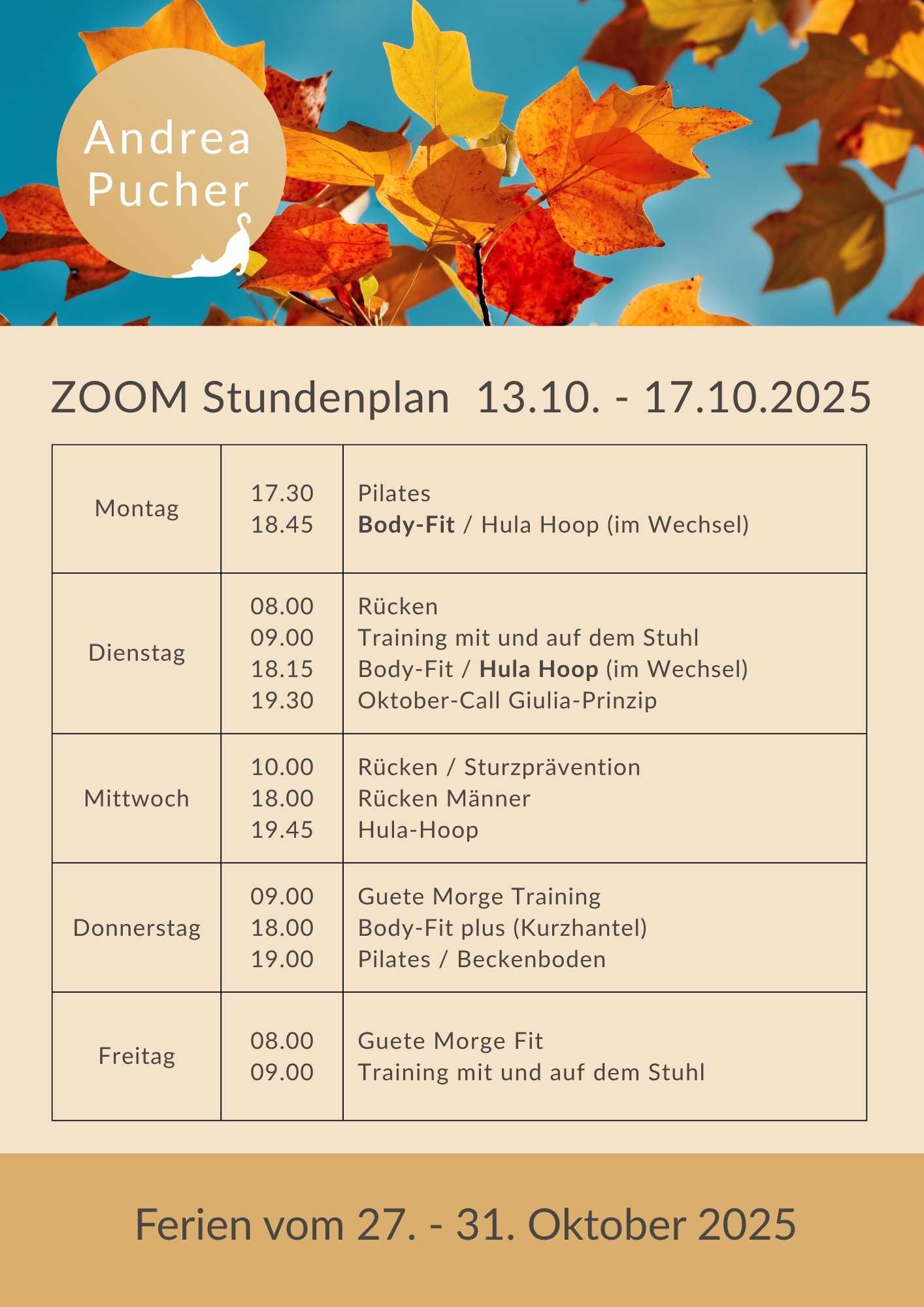 Aktueller Stundenplan für die laufende Woche.