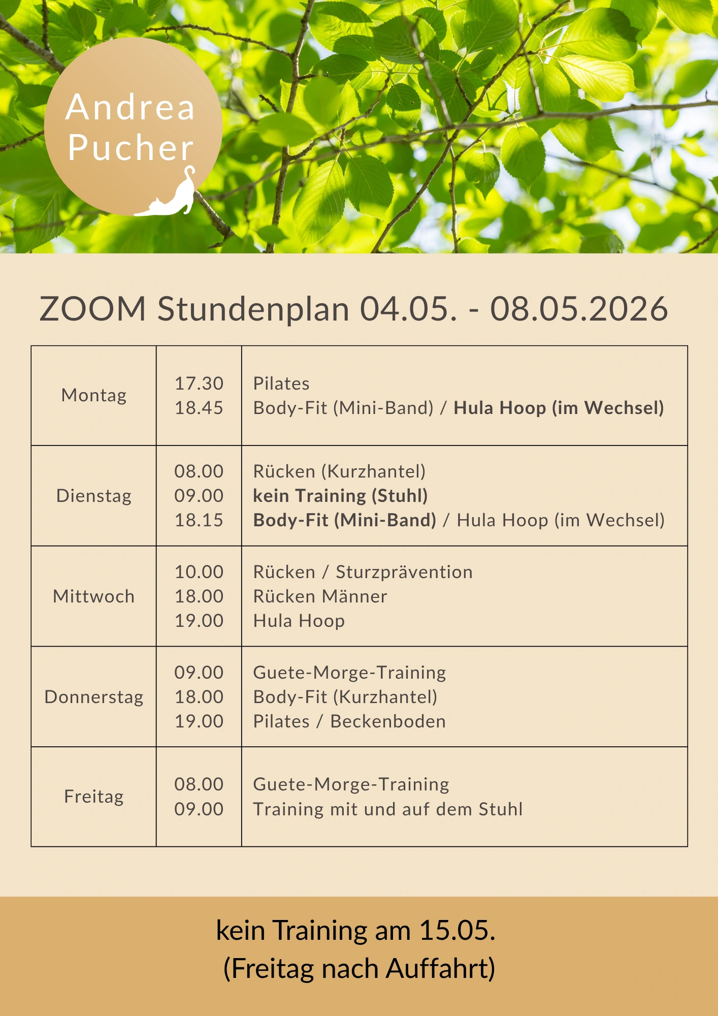 Aktueller Stundenplan für die laufende Woche.