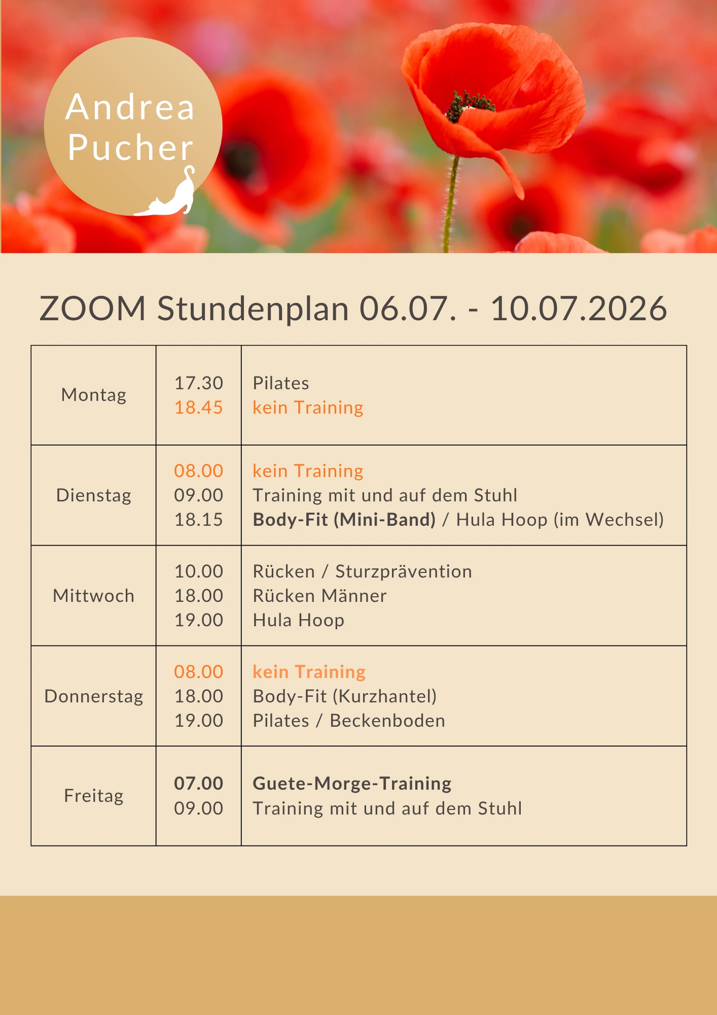 Aktueller Stundenplan für die laufende Woche.