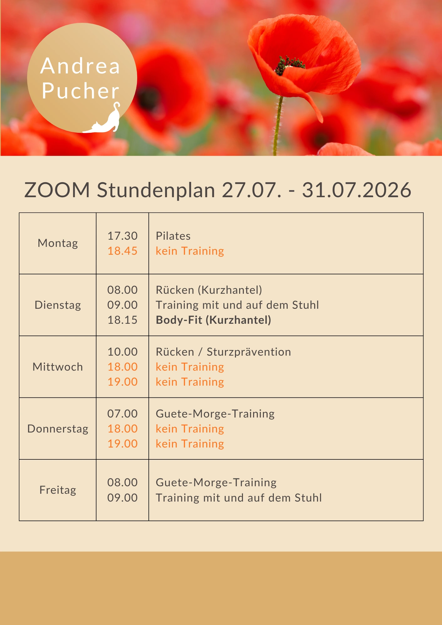 Aktueller Stundenplan für die laufende Woche.