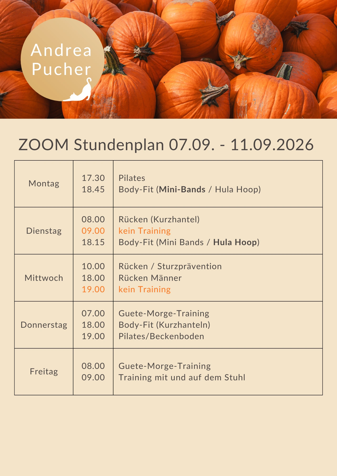 Aktueller Stundenplan für die laufende Woche.